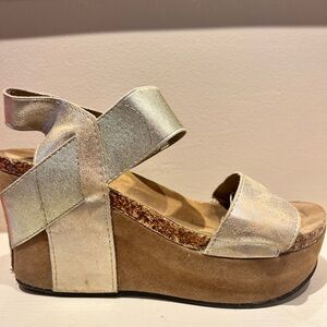 JEANNE PIERRE Silver and Tan Wedge Sandals